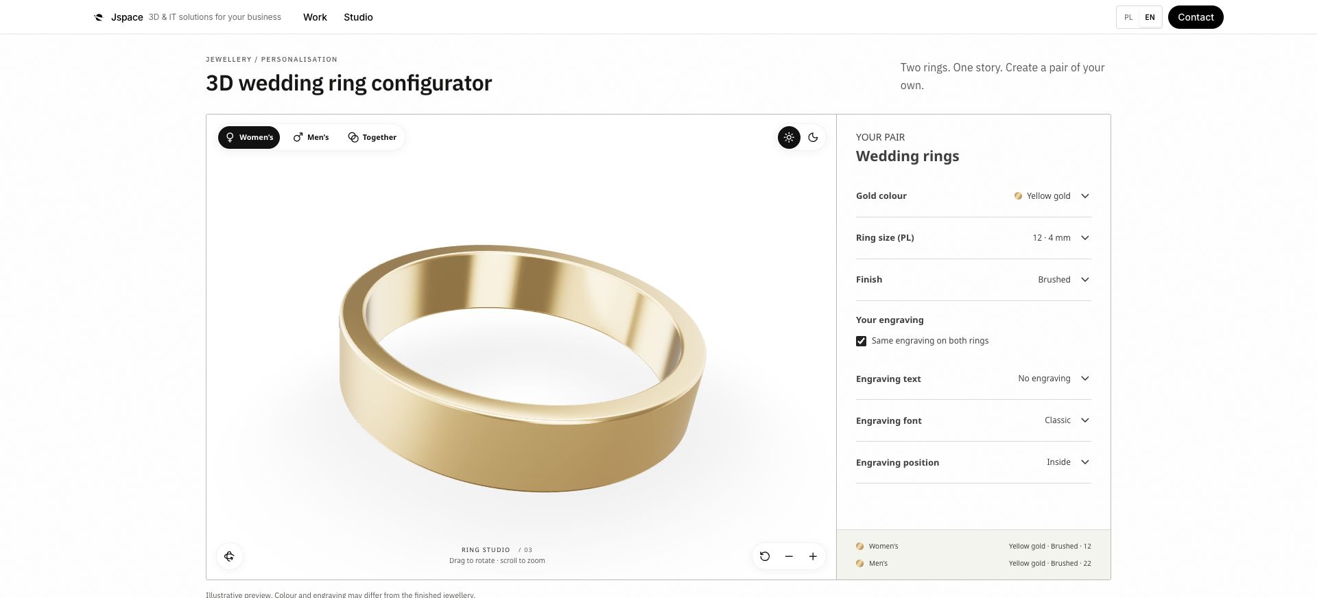 3D wedding ring configurator with gold, size, finish and engraving options